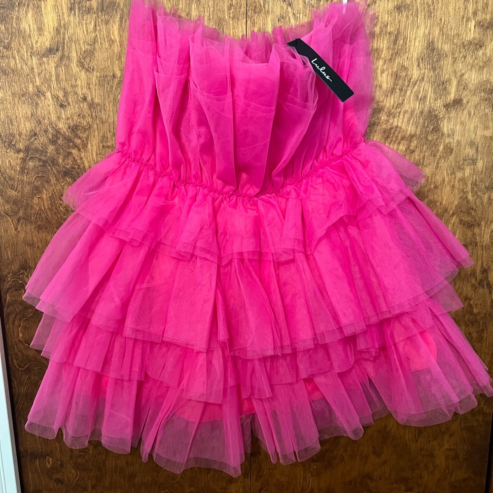 Lulus Tulle Intentions Hot Pink Strapless Tiered Tulle Mini Dress Taylor Swift